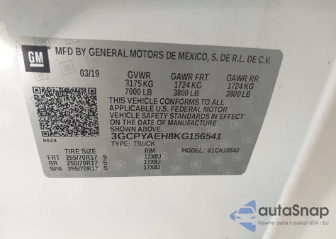 2019 Chevrolet Silverado 1500 Work Truck z USA, uszkodzony, nr VIN 3GCPYAEH8KG156541